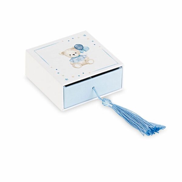 Scatola porta confetti, ORSETTO CELESTE con nappa