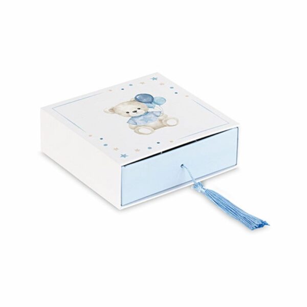 Scatola porta confetti, ORSETTO CELESTE con nappa