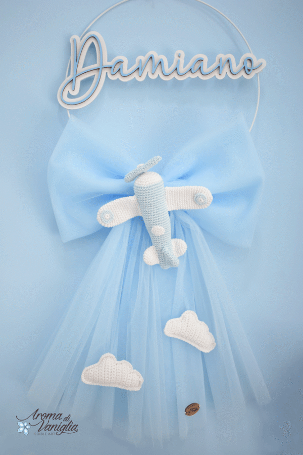 Fiocco Nascita con aeroplano amigurumi, celeste - immagine 2