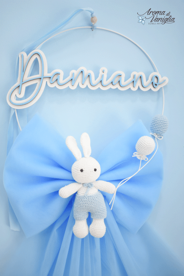 Fiocco Nascita con coniglietto amigurumi, celeste - immagine 2