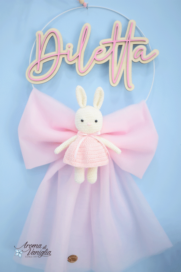 Fiocco Nascita con orsetto amigurumi, rosa