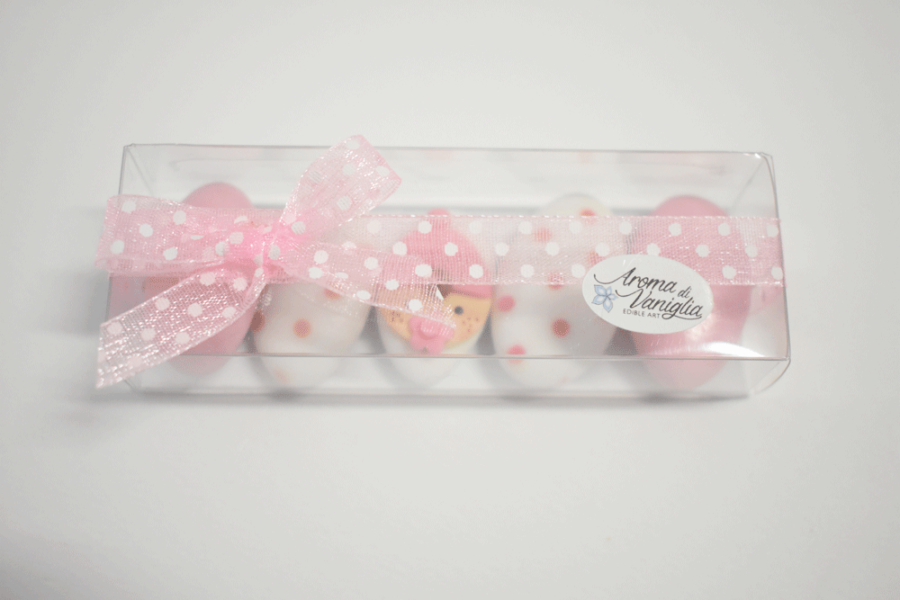 scatolina cinque confetti, 1 decorazione nascita/battesimo, rosa